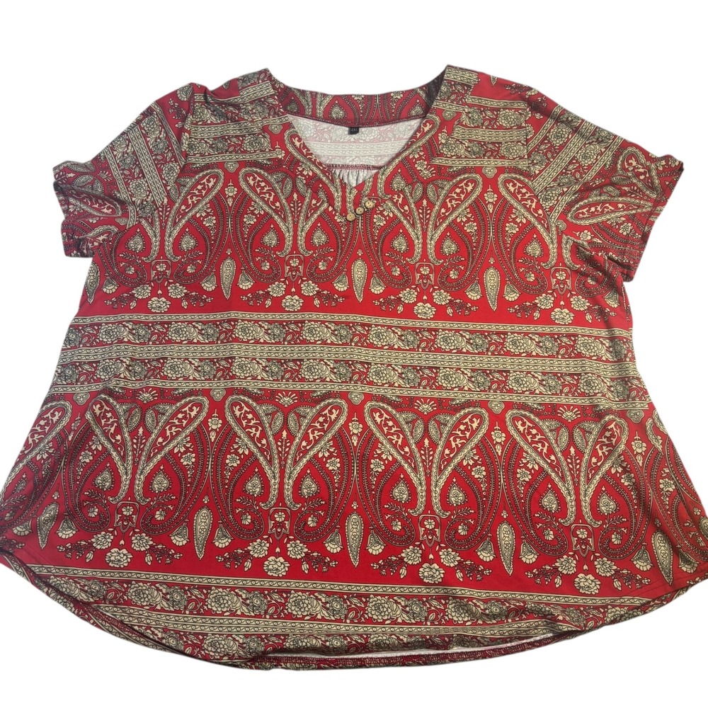 Womens 4XL Red Paisley Print‎ V Neck Short Sleeve Tunic Top